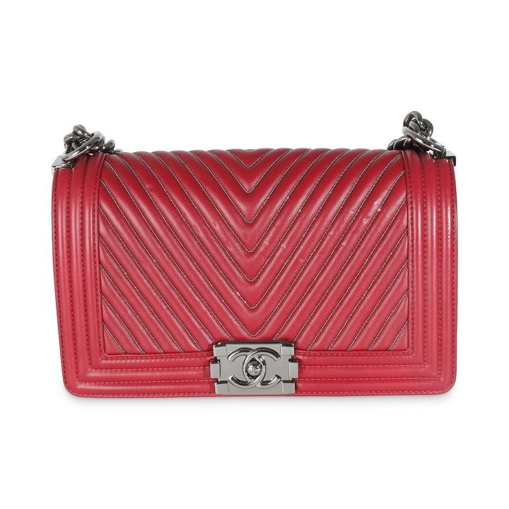 Chanel Burgundy Chevron Calfskin Chain Medium Boy Bag