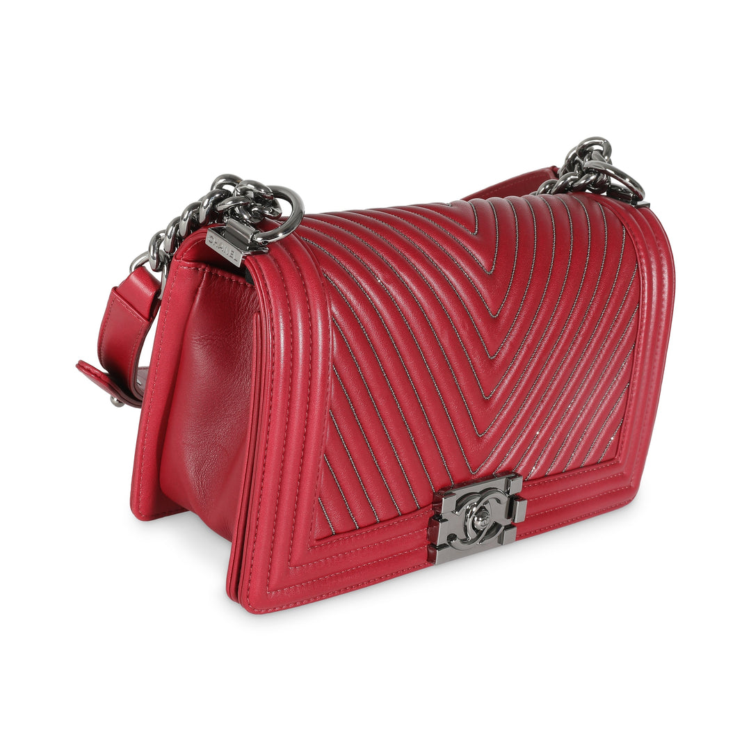 Chanel Burgundy Chevron Calfskin Chain Medium Boy Bag