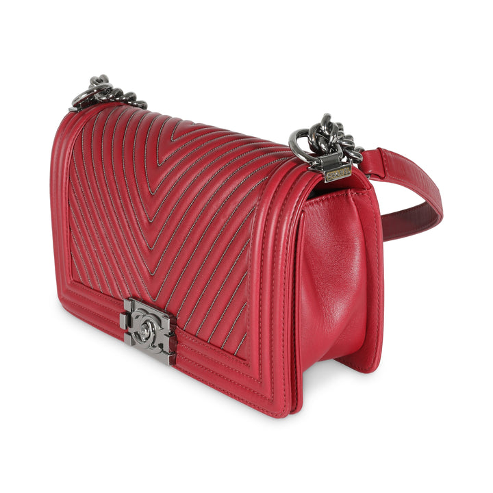 Chanel Burgundy Chevron Calfskin Chain Medium Boy Bag