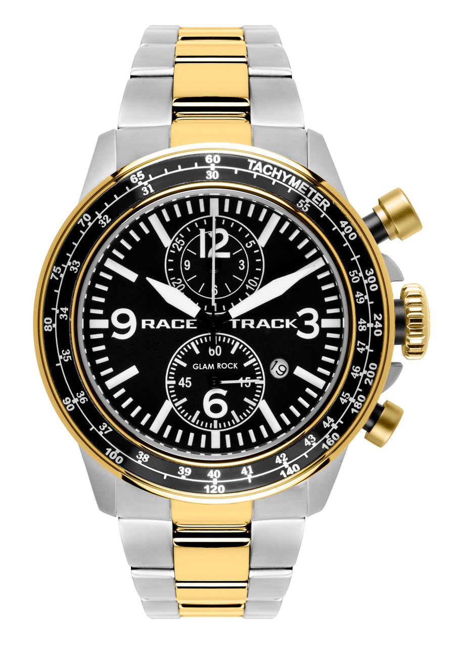 title:Glam Rock Men's GR-106-22 Racetrack Action Tachymeter 46mm Quartz Watch;color:Silver and Gold
