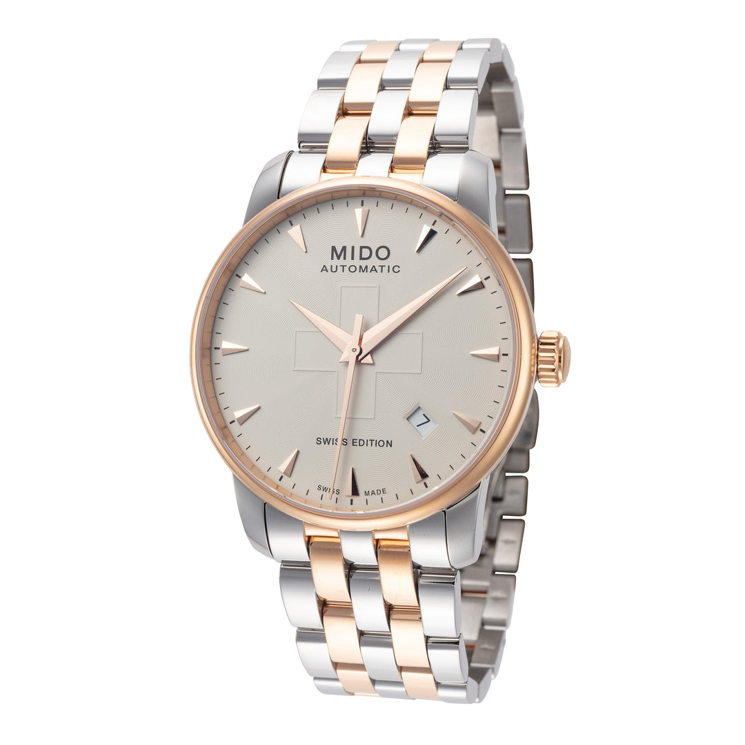 title:Mido Men's M860.0.9S.71 Baroncelli 38mm Automatic Watch;color:Ivory Dial Silver and Rose Gold Band