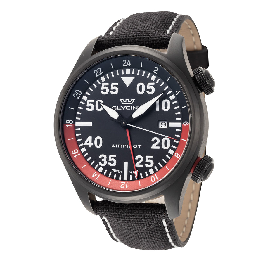 title:Glycine Men's GL0438 Airpilot GMT 44mm Quartz Watch;color:Black White Stitching