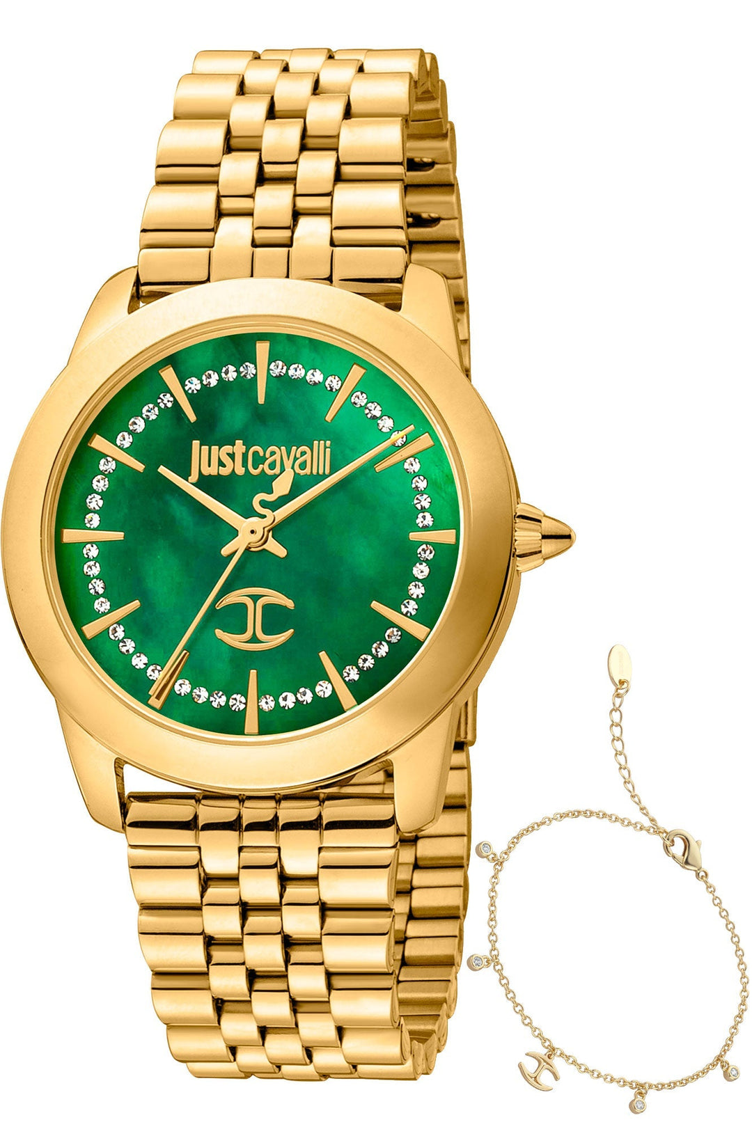 title:Just Cavalli Women's Signature Snake Glam Evo 7 JC1L211M0075 34mm Quartz Watch;color:Green Dial Gold Band
