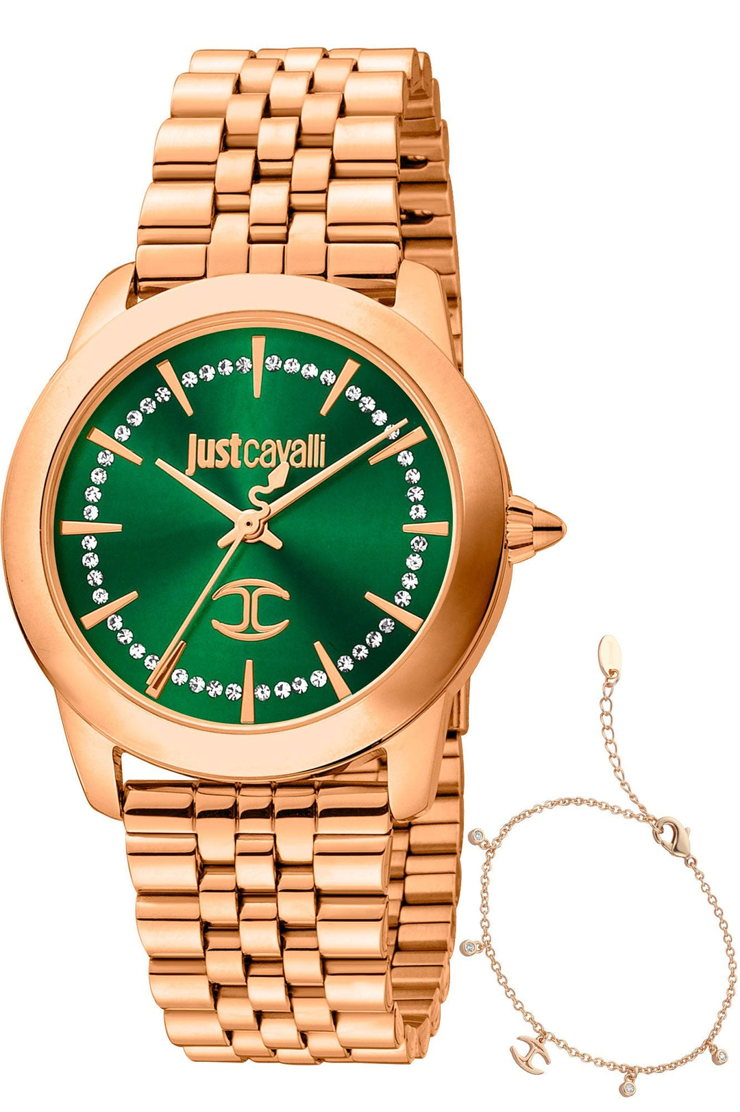 title:Just Cavalli SET JC1L211 Glam Creazione 34mm Quartz Women's Watch;color:Green Dial Rose Gold Band