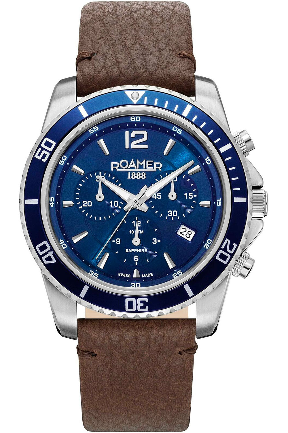 title:Roamer Men's 862837-41-45-02 Nautic Chrono 100 43mm Quartz Watch;color:Blue Dial Brown Band