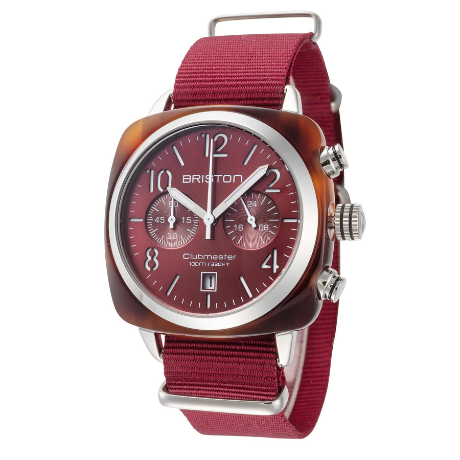 title:Briston Men's Clubmaster 40mm Tortoise Acetate Quartz Chronograph Watch;color:Burgundy Dial Burgundy Band