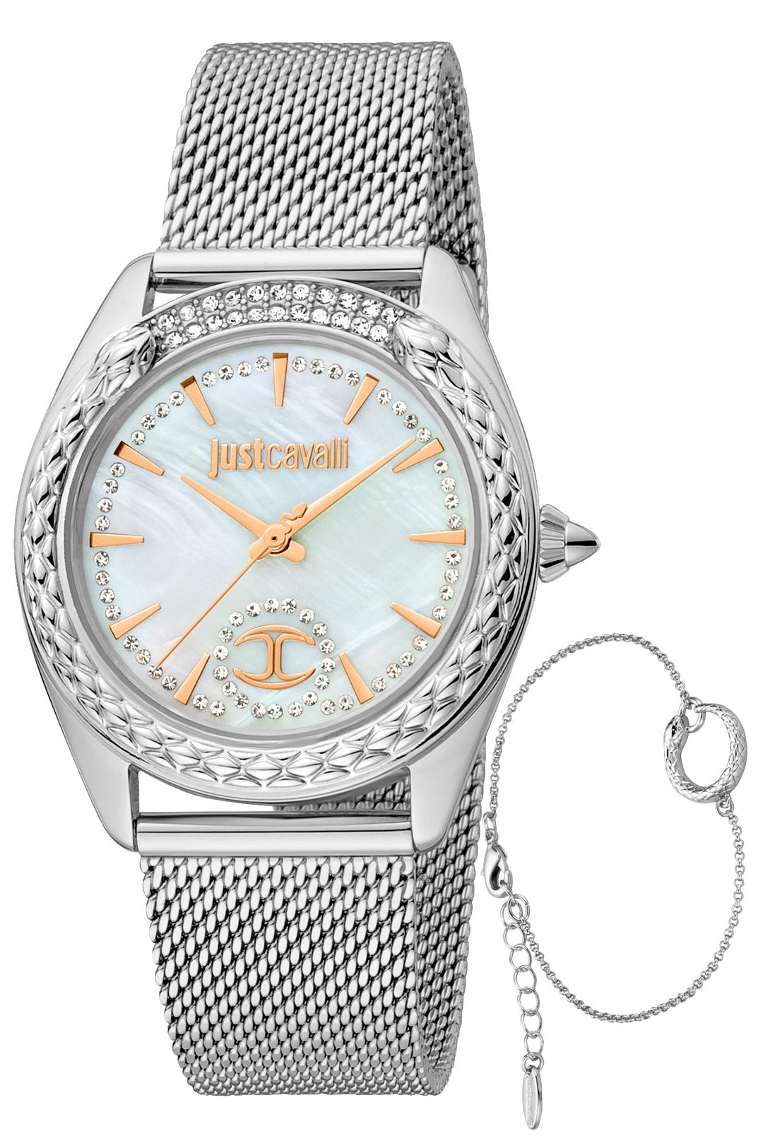 title:Just Cavalli Women's JC1L195M0215 Animalier Prestigio 2 34mm Quartz Watch;color:White Dial Silver Band