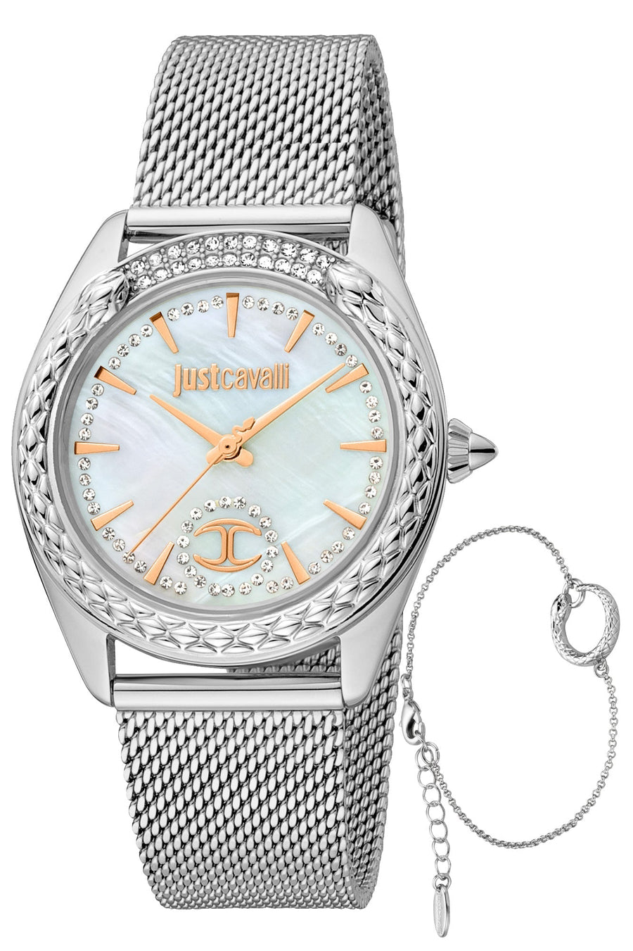 title:Just Cavalli Women's JC1L195M0215 Animalier Prestigio 2 34mm Quartz Watch;color:White Dial Silver Band