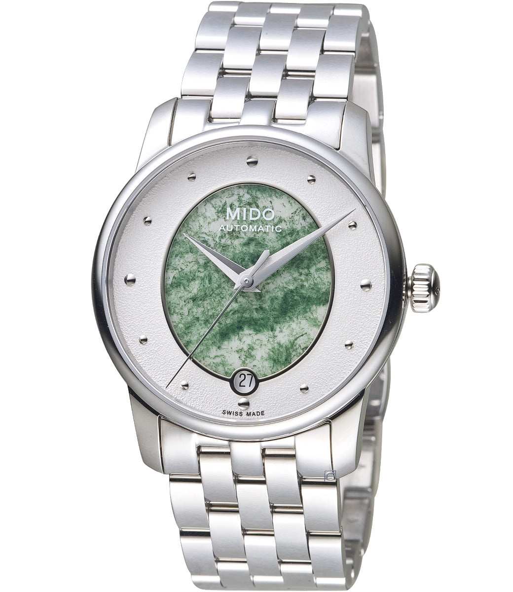title:Mido Men's M0352071148100 Baroncelli 33mm Automatic Watch;color:White and Green Dial Silver Band