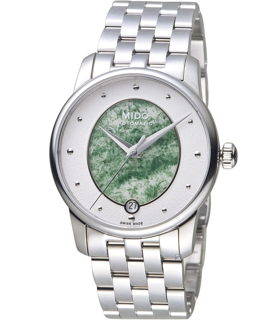 title:Mido Men's M0352071148100 Baroncelli 33mm Automatic Watch;color:White and Green Dial Silver Band