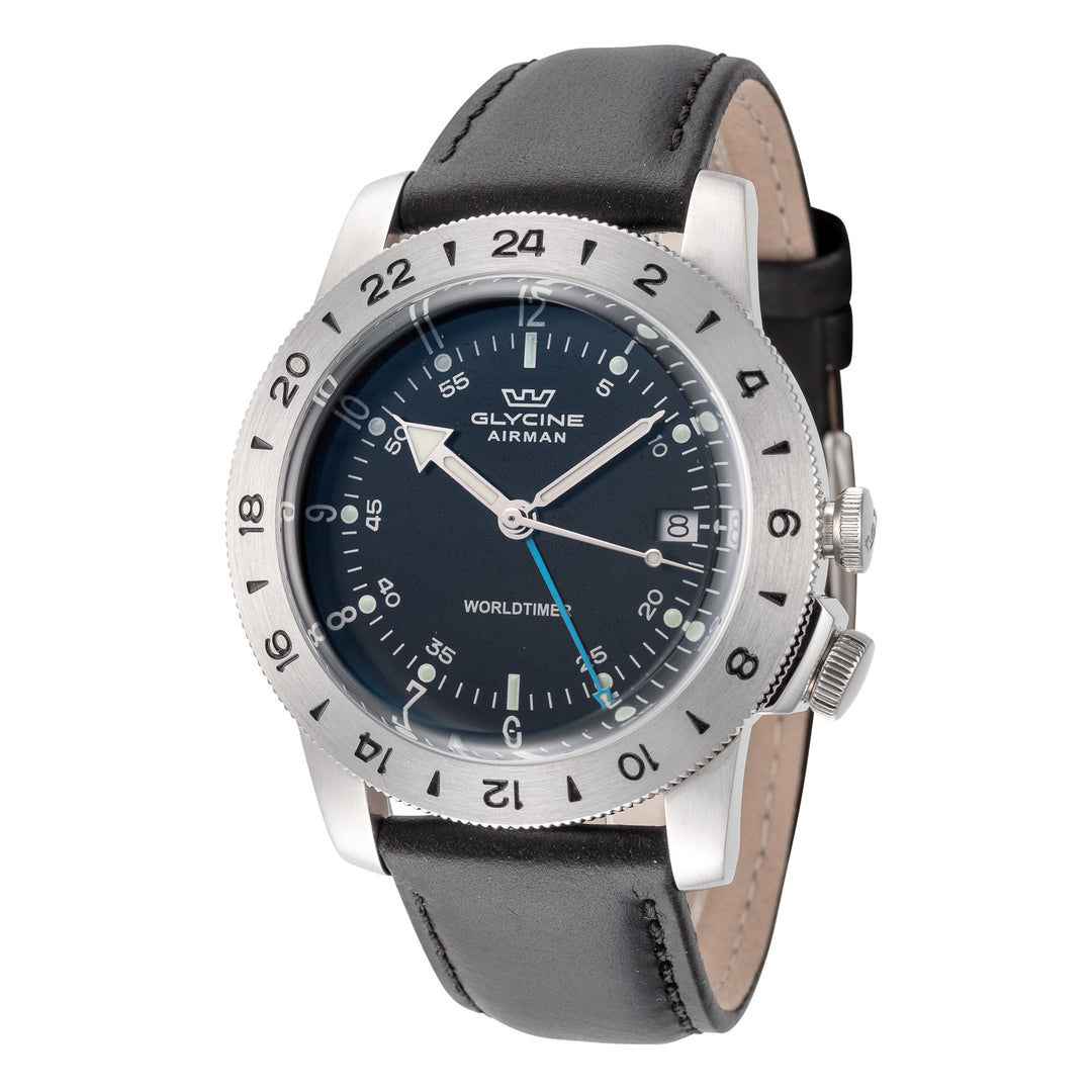 title:Glycine Men's GL1048 Airman Worldtimer GMT 40mm Quartz Watch;color:Black Dial Black Band