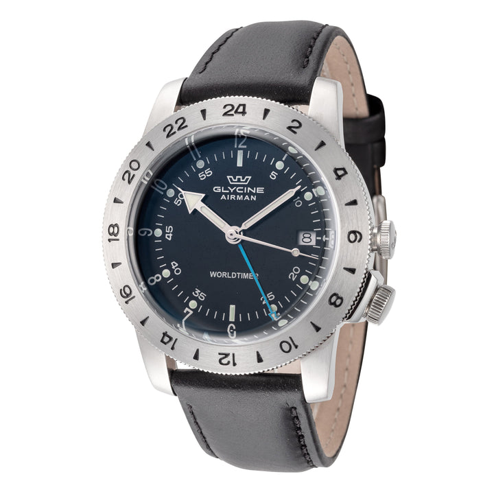 title:Glycine Men's GL1048 Airman Worldtimer GMT 40mm Quartz Watch;color:Black Dial Black Band