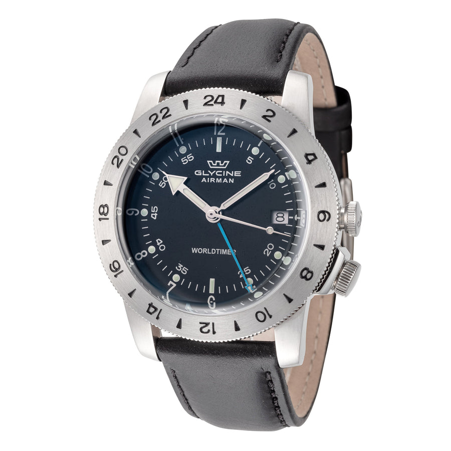 title:Glycine Men's GL1048 Airman Worldtimer GMT 40mm Quartz Watch;color:Black Dial Black Band