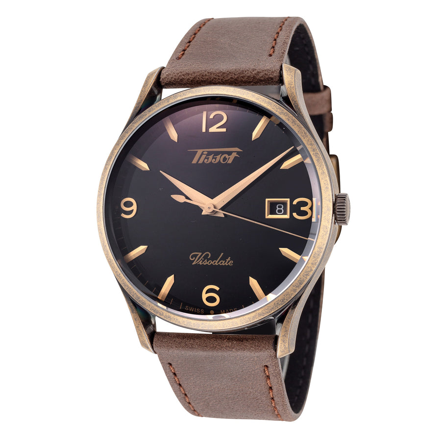 title:Tissot Men's T1184103605700 Heritage 40mm Quartz Watch;color:Black Dial Brown Band