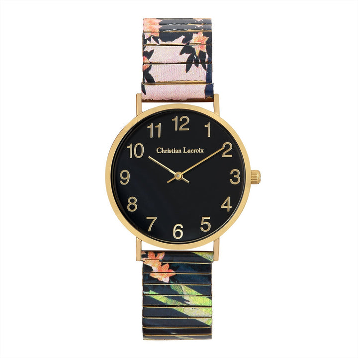 title:Christian Lacroix Women's CLW504-M Tokugawa Ponds 36mm Quartz Watch;color:Black Dial Black Floral Band