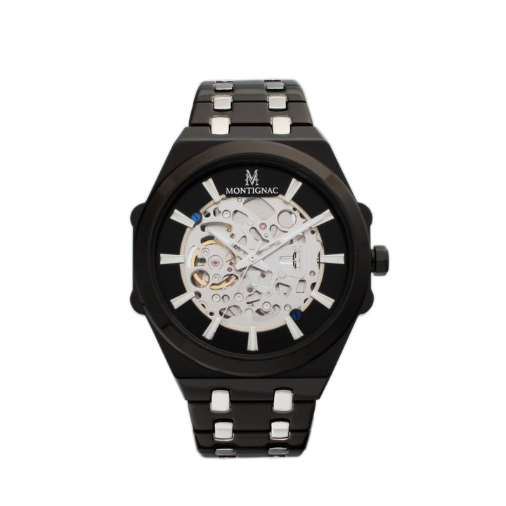 title:Montignac Men's MOW417 Classic 44mm Automatic Watch;color:Black Dial Black and Silver Band