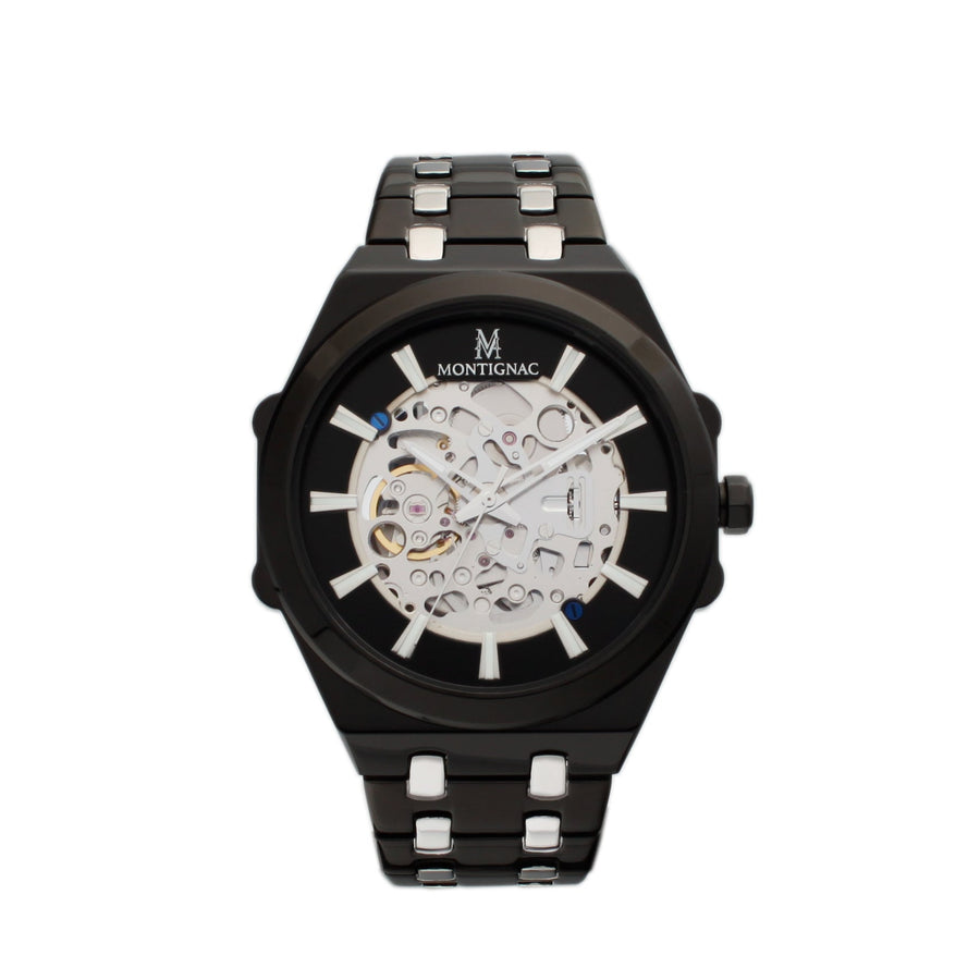 title:Montignac Men's MOW417 Classic 44mm Automatic Watch;color:Black Dial Black and Silver Band