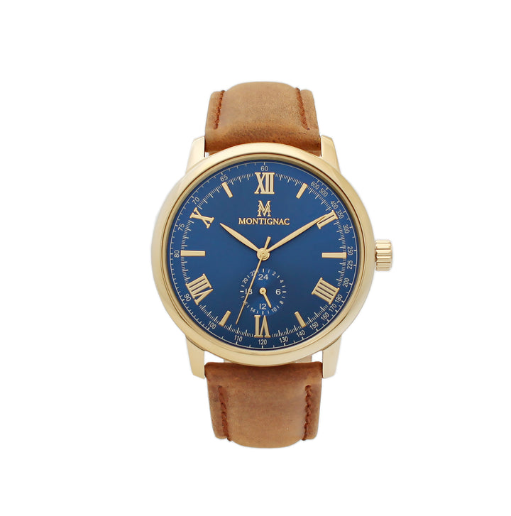 title:Montignac Men's MOW510 Classic 42mm Quartz Watch;color:Blue Dial Brown Band