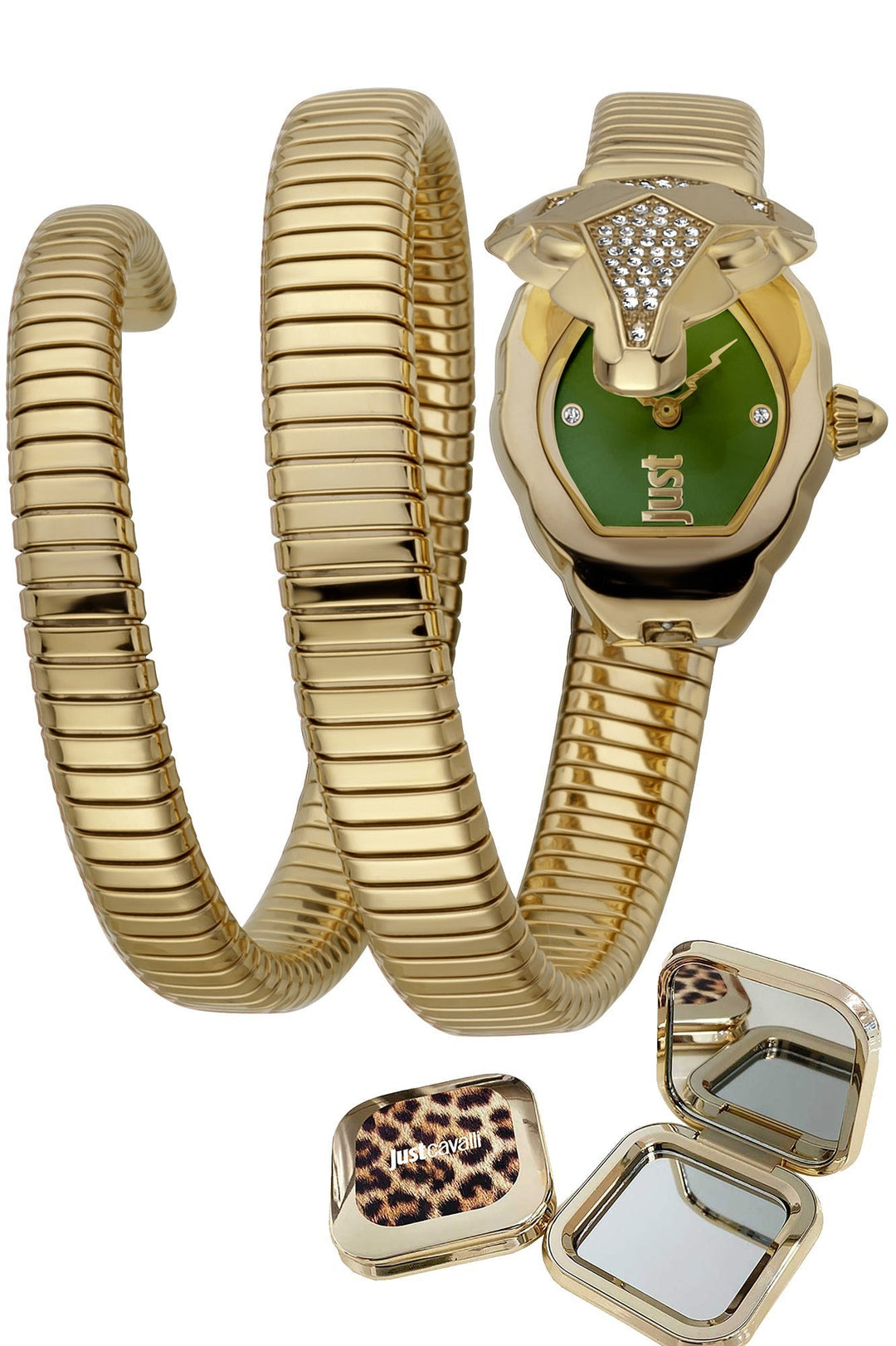 title:Just Cavali Women's JC1L073M0065 Signature Snake 22mm Quartz Watch;color:Green Dial Gold Band