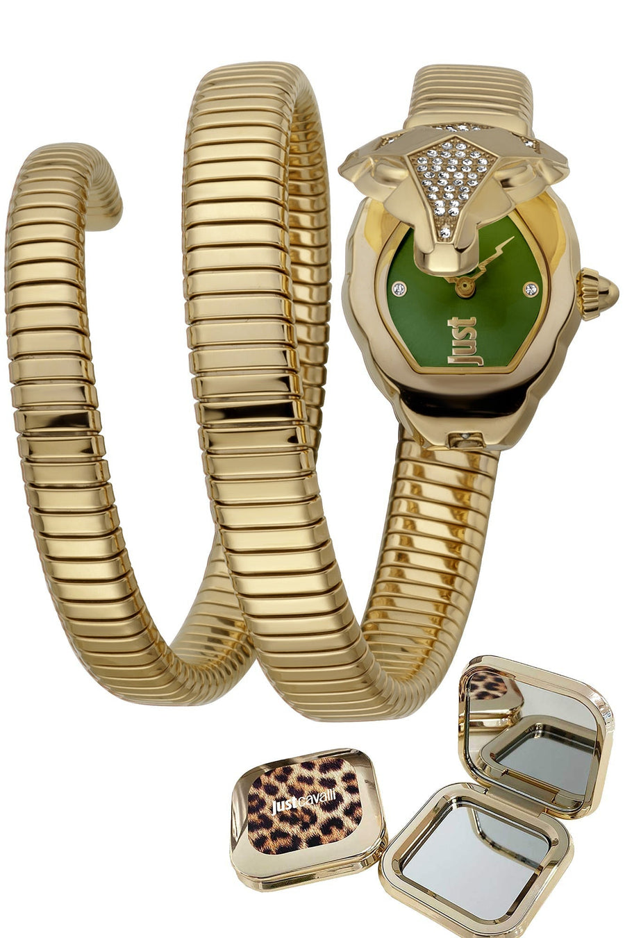 title:Just Cavali Women's JC1L073M0065 Signature Snake 22mm Quartz Watch;color:Green Dial Gold Band