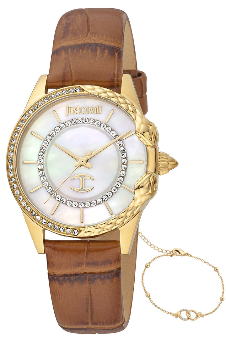 title:Just Cavalli Women's JC1L095L0225 Animalier Set Catena 32mm Quartz Watch;color:White Dial Brown Band