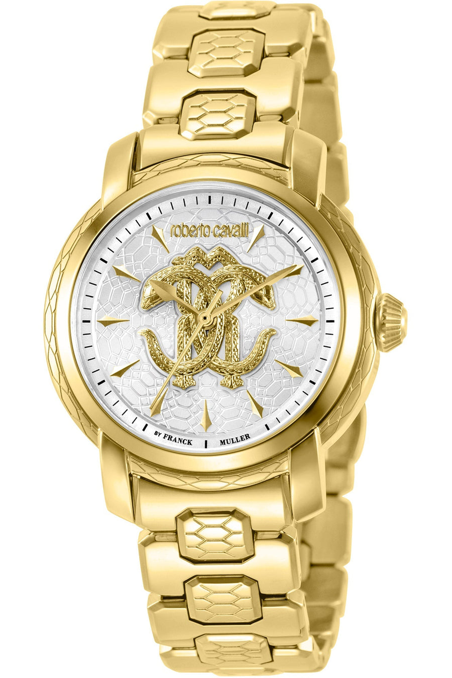 title:Roberto Cavalli by Franck Muller Women's RV1L167M0051 Fashion 34mm Quartz Watch;color:Grey Dial Gold Band