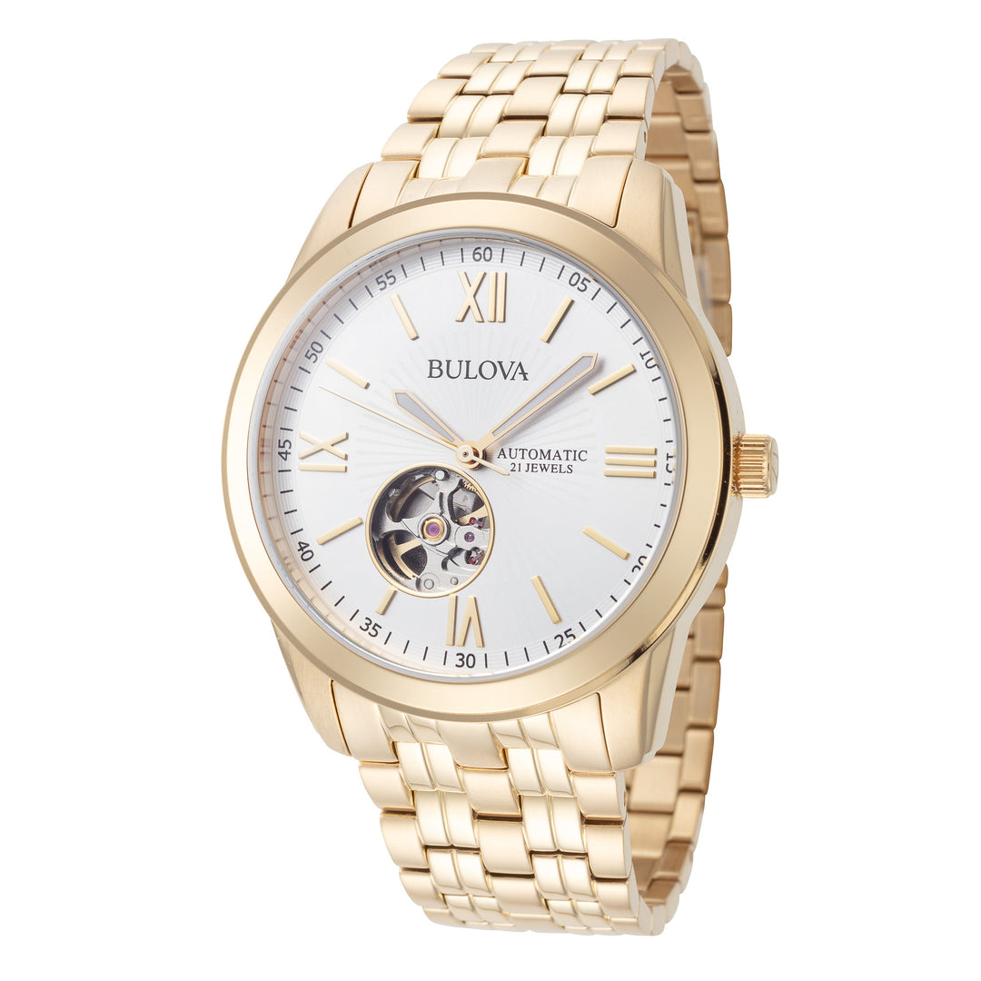 title:Bulova Men's 97A130 Classic 42mm Automatic Watch;color:White Dial Gold Band