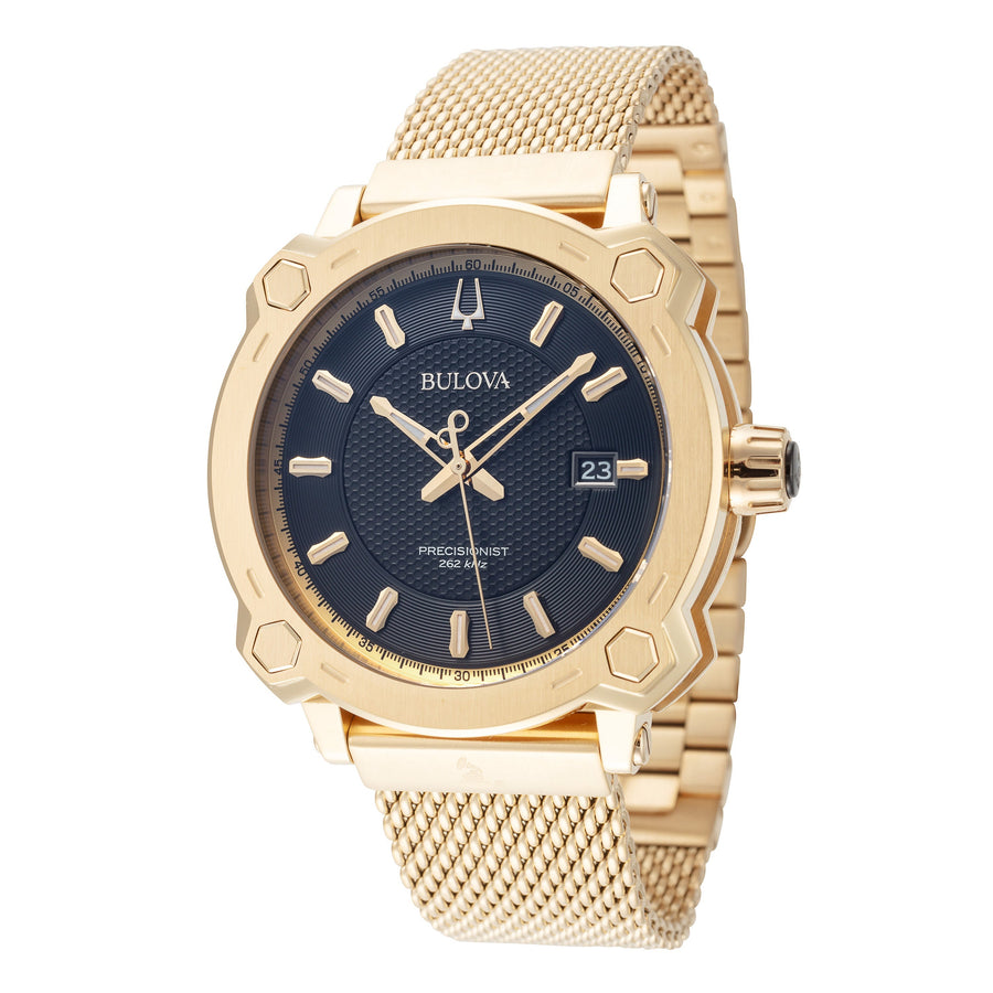 title:Bulova Men's 97B163 Precisionist 44mm Quartz Watch;color:Black Dial Gold Band