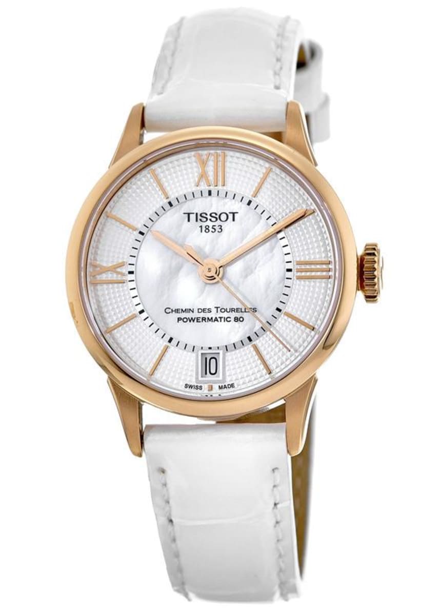 title:Tissot Women's T0992073611800 Chemin Des Tourelles 32mm Automatic Watch;color:Silver Mother-of-Pearl Dial White Band