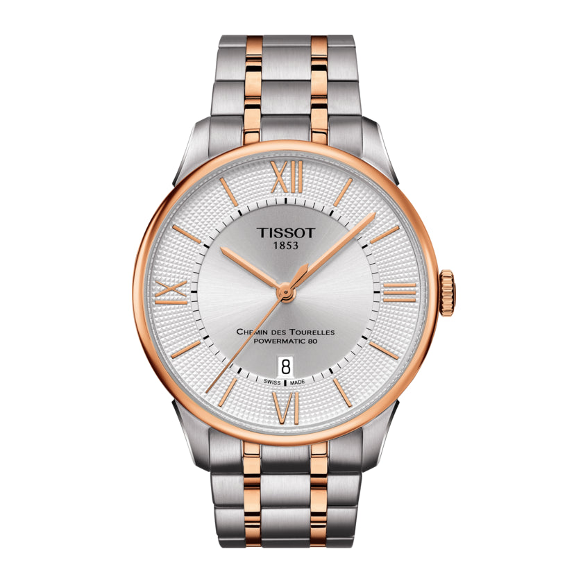 title:Tissot Men's T0994072203802 Chemin Des Tourelles 42mm Automatic Watch;color:Silver Dial Silver and Rose Gold Band