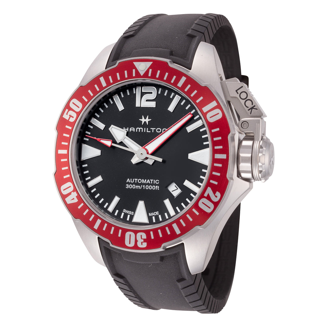 title:Hamilton Men's H77725335 Khaki Navy Frogman 42mm Automatic Watch;color:Black Dial Black Band