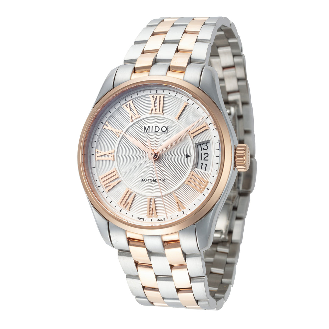 title:Mido Women's M0242072203300 Belluna II 33mm Automatic Watch;color:Silver Dial Silver and Rose Gold Band