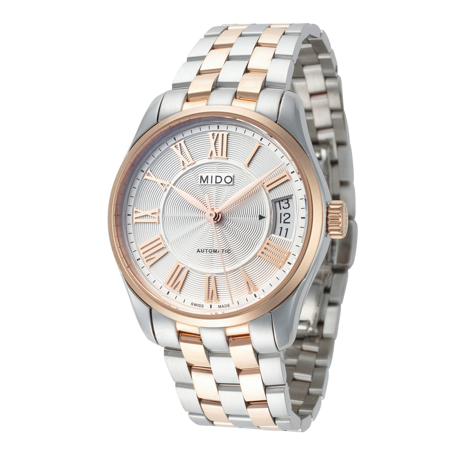 title:Mido Women's M0242072203300 Belluna II 33mm Automatic Watch;color:Silver Dial Silver and Rose Gold Band