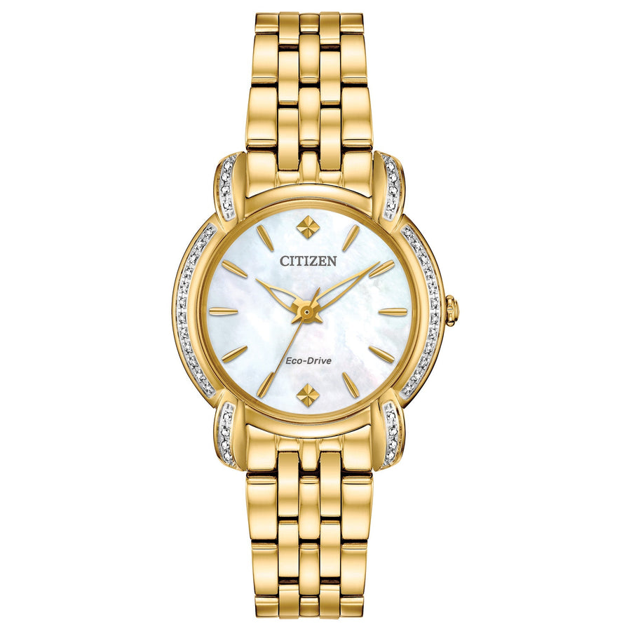 title:Citizen Women's 30mm White Dial Eco-Drive Solar Watch EM0692-54D;color:Gold