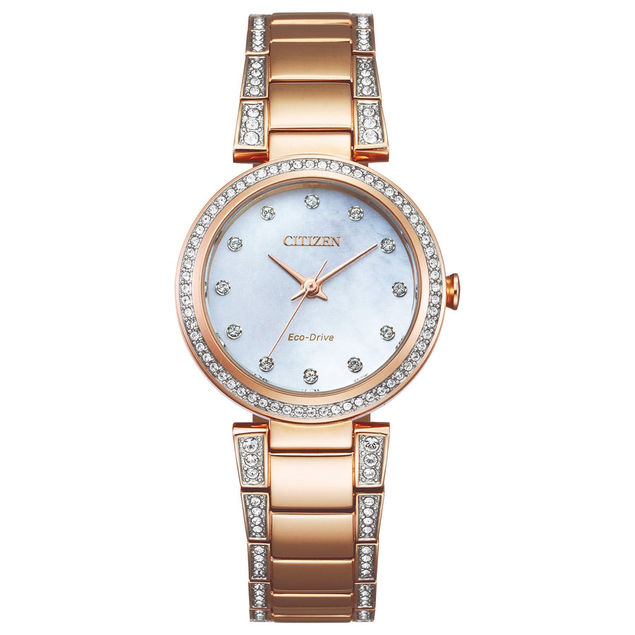 title:Citizen Womens 28mm White Mother-of-Pearl Dial Eco-Drive Solar Watch EM0843-51D;color:Rose Gold