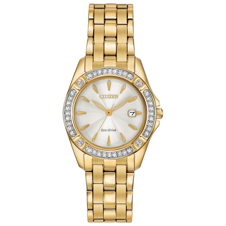 title:Citizen Womens 28mm Mother-of-Pearl Dial Eco-Drive Solar Watch EW2352-59P;color:Gold
