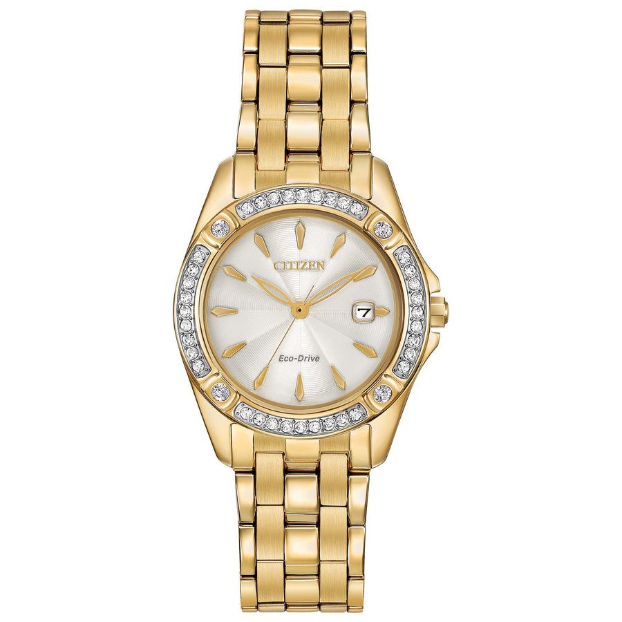 title:Citizen Womens 28mm Mother-of-Pearl Dial Eco-Drive Solar Watch EW2352-59P;color:Gold