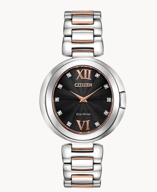 title:Citizen Womens 34mm Black Dial Eco-Drive Solar Watch EX1516-52E;color:Silver and Rose Gold