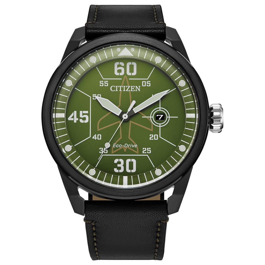 title:Citizen Men's 45mm Green Dial Eco-Drive Solar Watch AW1735-03X;color:Black