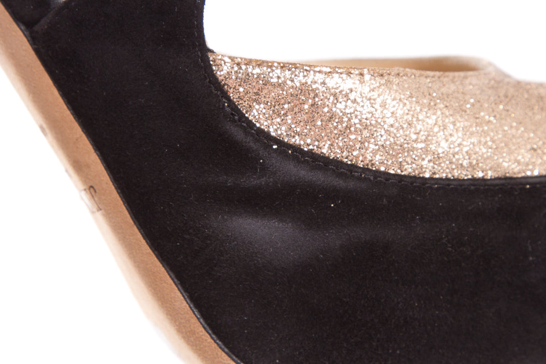 Jimmy Choo Rose Gold Glitter & Black Suede Heels SZ 41