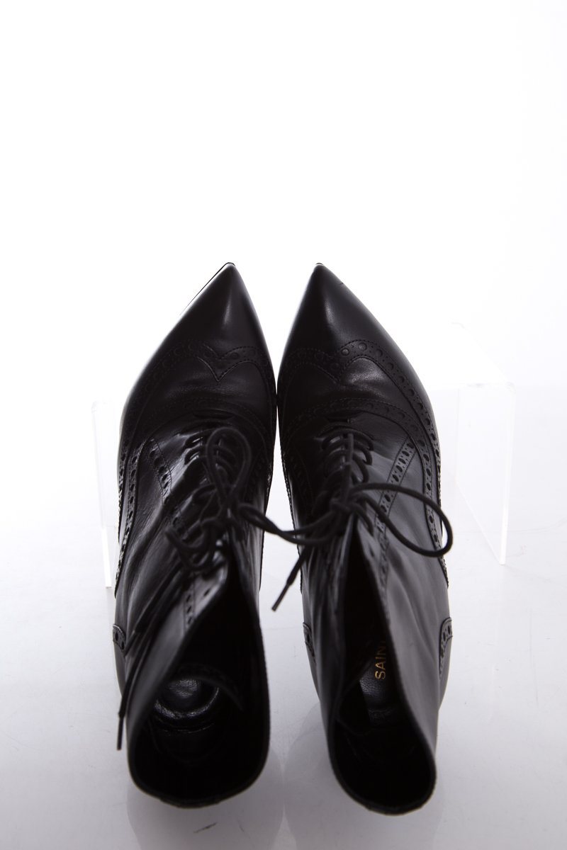 Yves Saint Laurent Black Leather Lace-Up Pointed-Toe Boots SZ 39