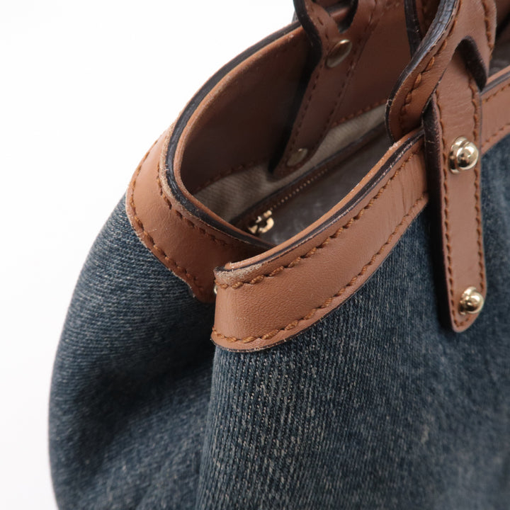 GUCCI Craft Denim Leather Tote Bag Hand Bag Navy Brown 348715