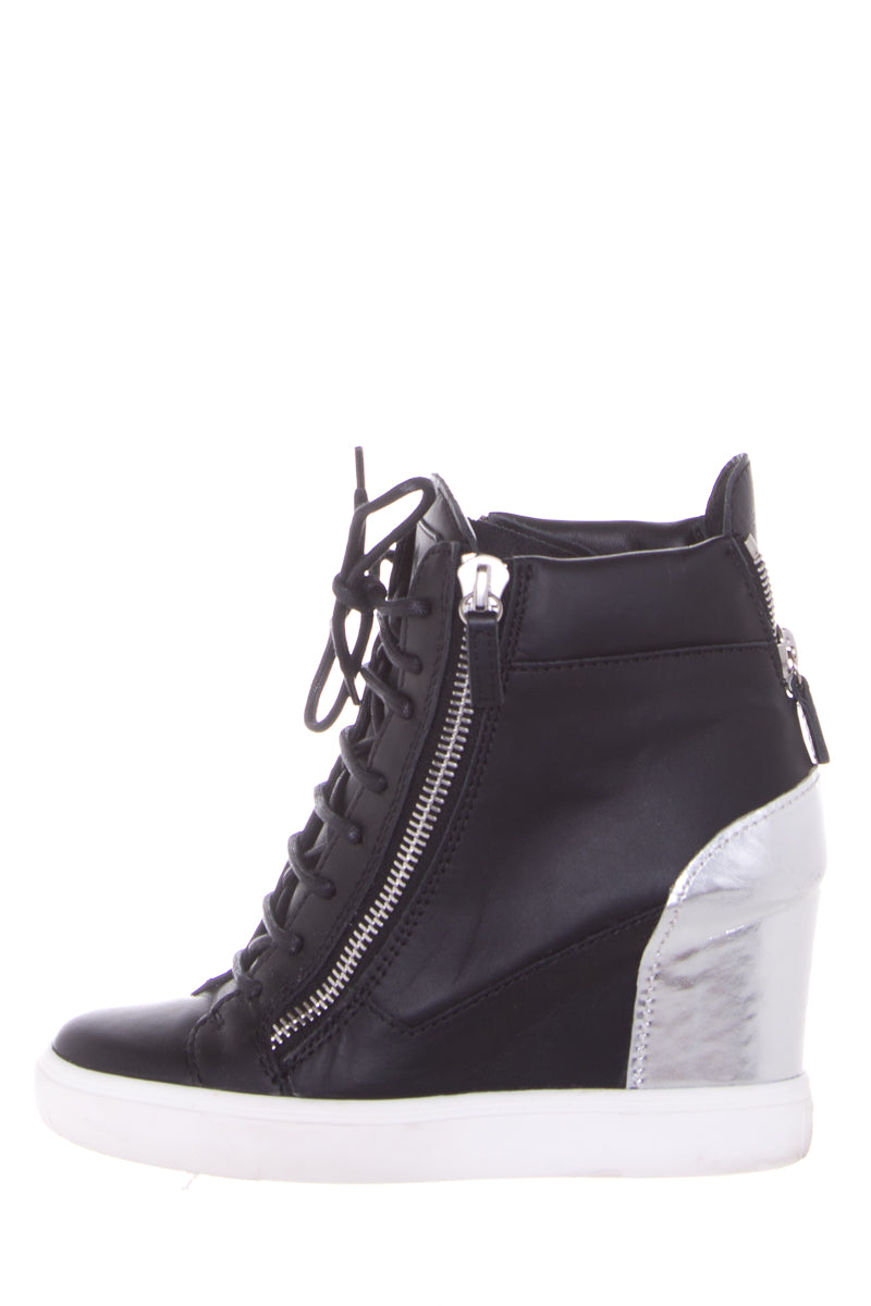 Guiseppe Zanotti Black & Silver Leather Sneaker Wedge SZ 38.5