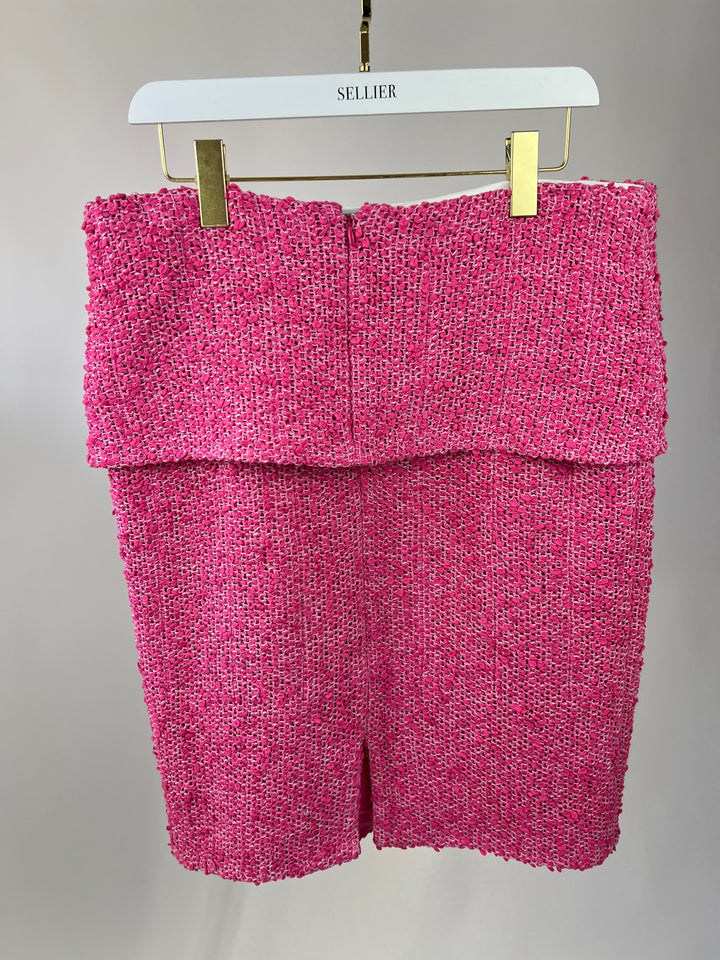 *HOT* Top Quality Chanel 21C Pink Tweed Jacket and Skirt Set with CC Logo Buttons Size FR 42 (UK 14)