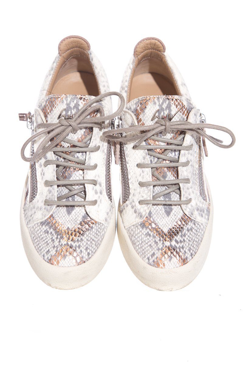 Giuseppe Zanotti Light Grey & Rose Gold Snake Embossed Sneakers SZ 37