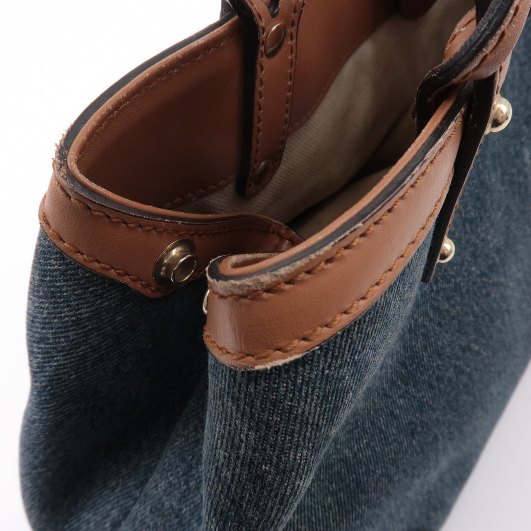 GUCCI Craft Denim Leather Tote Bag Hand Bag Navy Brown 348715