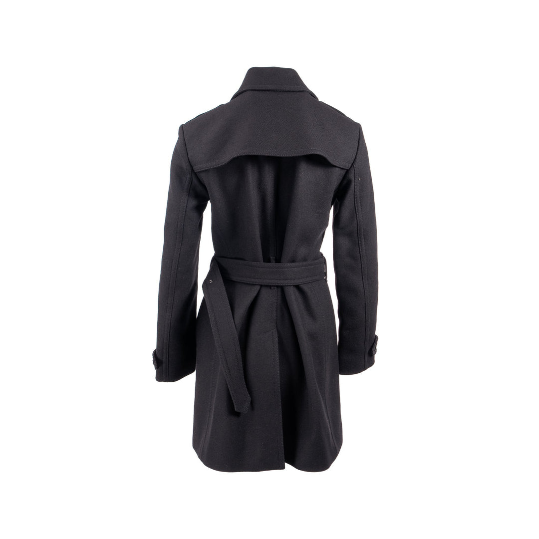 Burberry Size UK 10 Double Breasted Belted-Waist Coat Virgin Wool Black