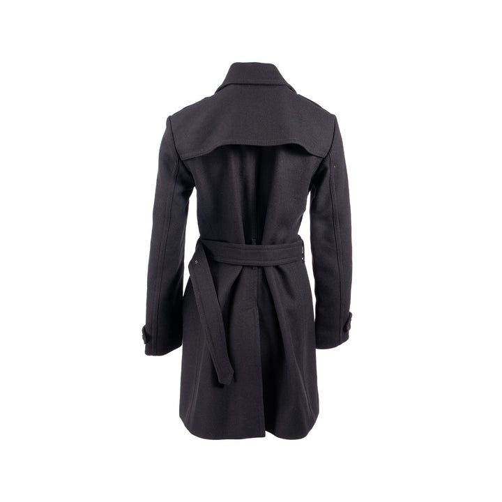 Burberry Size UK 10 Double Breasted Belted-Waist Coat Virgin Wool Black