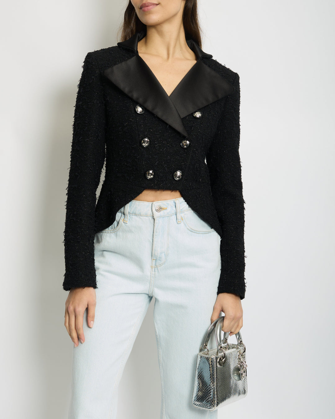 *HOT* Top Quality Chanel 19K Black Metallic Tweed Cropped Blazer with Satin Collar and Snowflake Buttons Details&nbsp; Size FR 38 (UK 10) RRP ¬£5,800