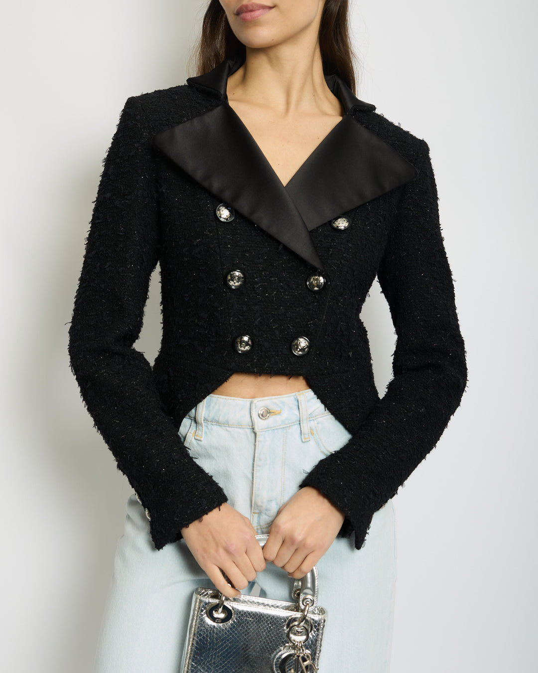 *HOT* Top Quality Chanel 19K Black Metallic Tweed Cropped Blazer with Satin Collar and Snowflake Buttons Details&nbsp; Size FR 38 (UK 10) RRP ¬£5,800